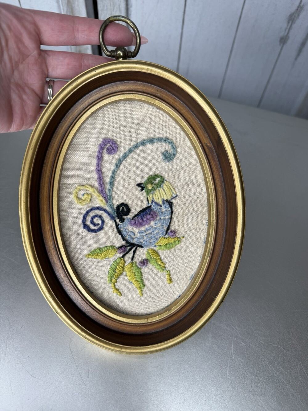 Vintage Crewel Embroidery Bird Framed Oval Art Picture Decor